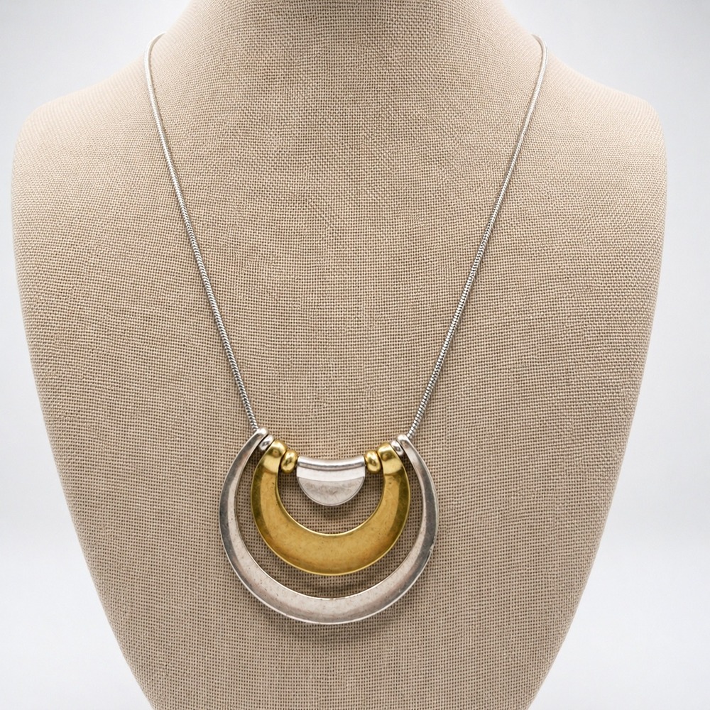 Lucky Brand Mixed Metal Tiered Crescent Pendant‎ Snake Chain Necklace Two Tone